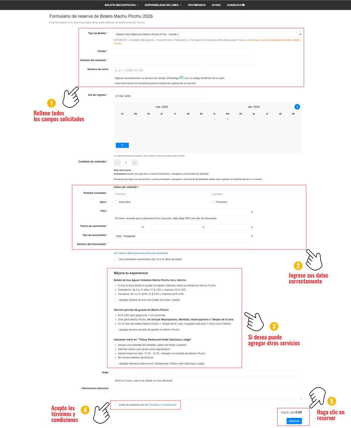 Formulaire de réservation de billets pour le Machu Picchu